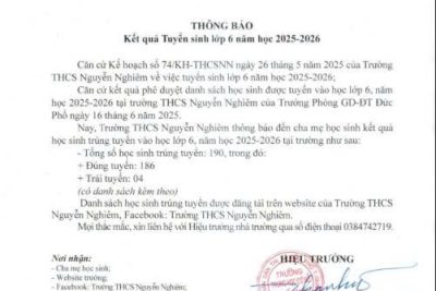 Kết quả tuyển sinh lớp 6 năm học 2025 – 2026